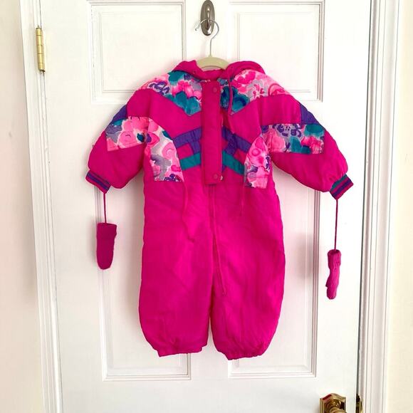 Tidykins Vintage 80s Retro Baby Girl Ski Snow Suit Bunting Puffer Coat Pink 12m - Picture 1 of 10